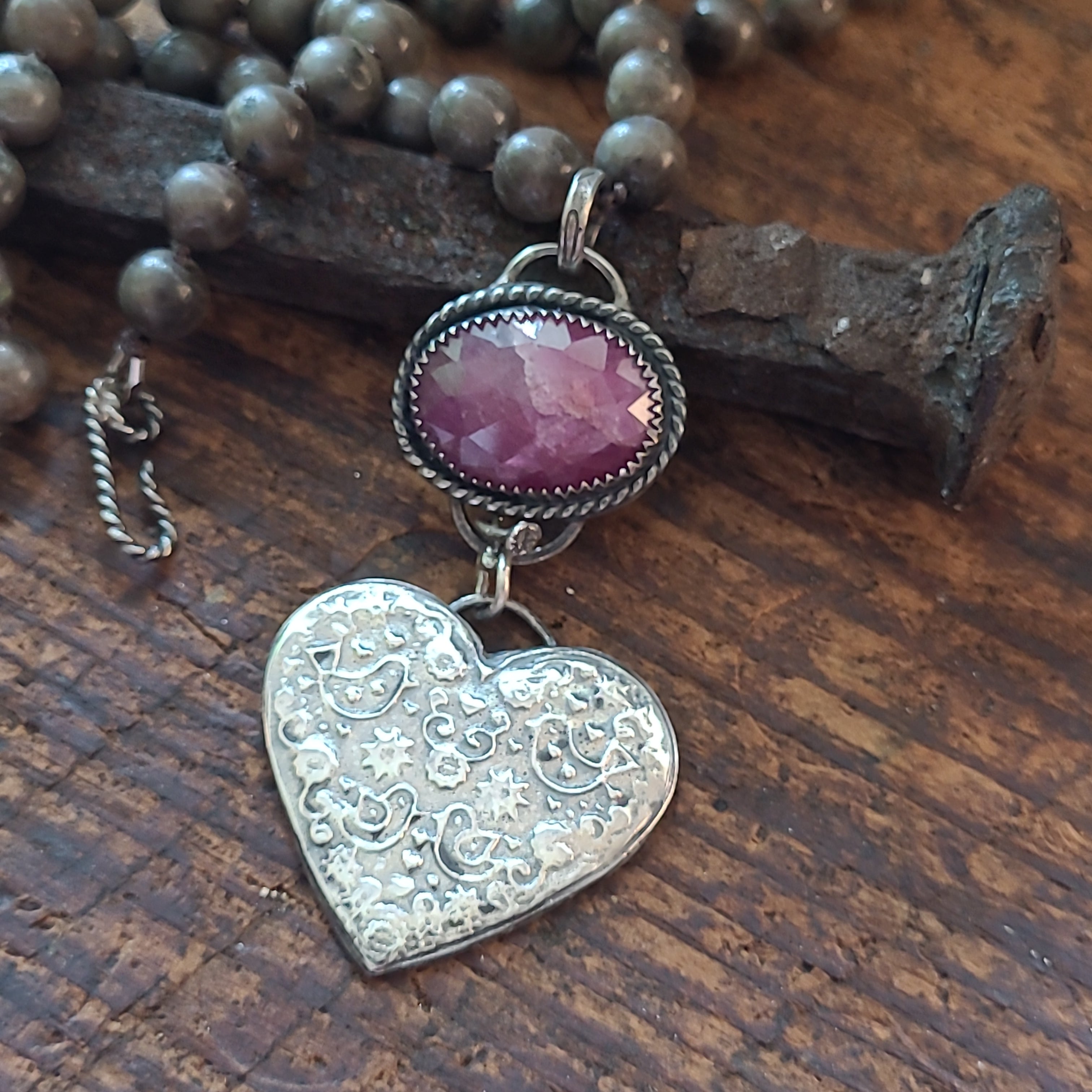 Large Silver Heart Pendant with Sapphire on Knotted Necklace