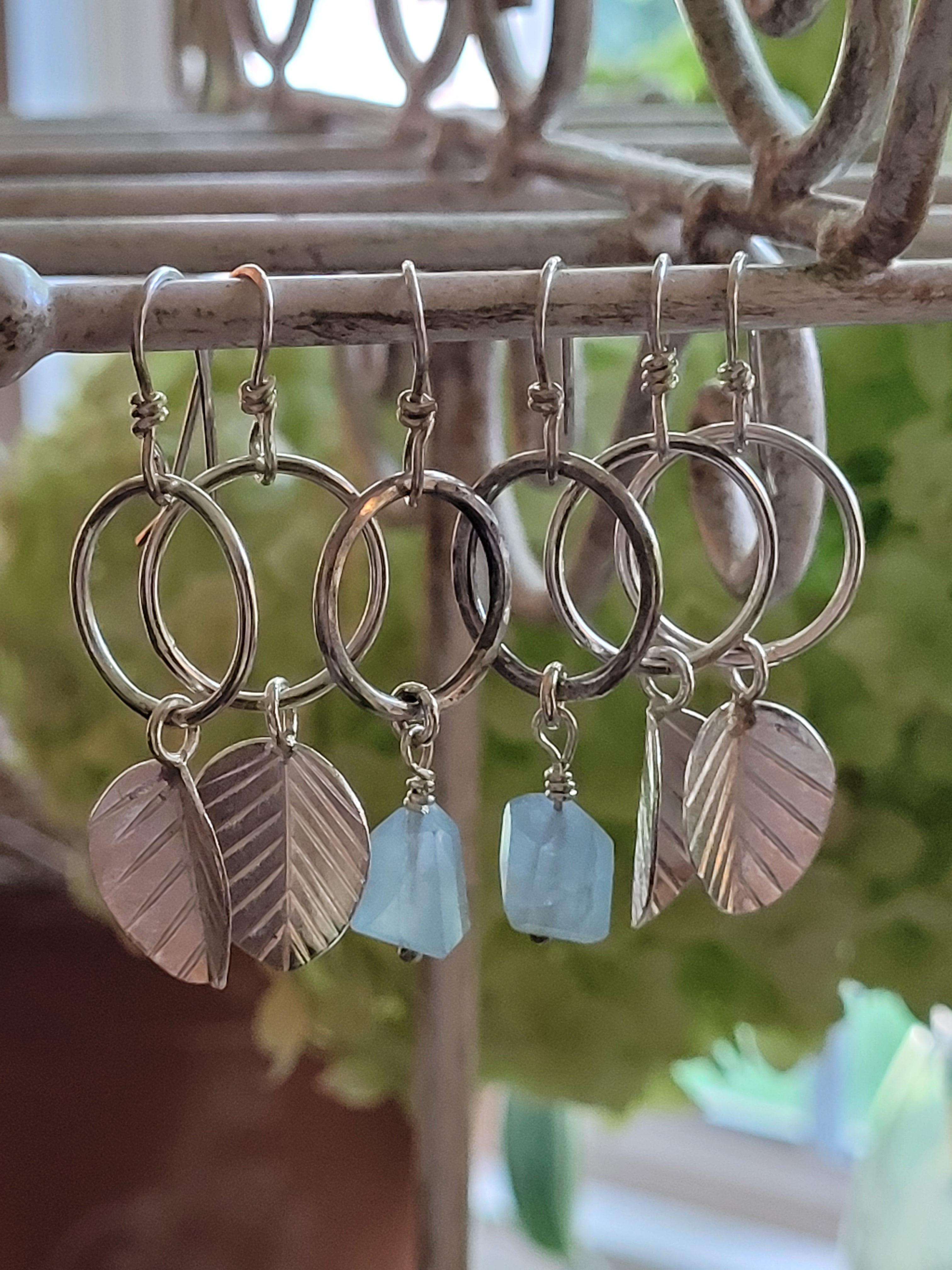 silver hoop earrings with swinging leaf dangles, handmade dangle earrings