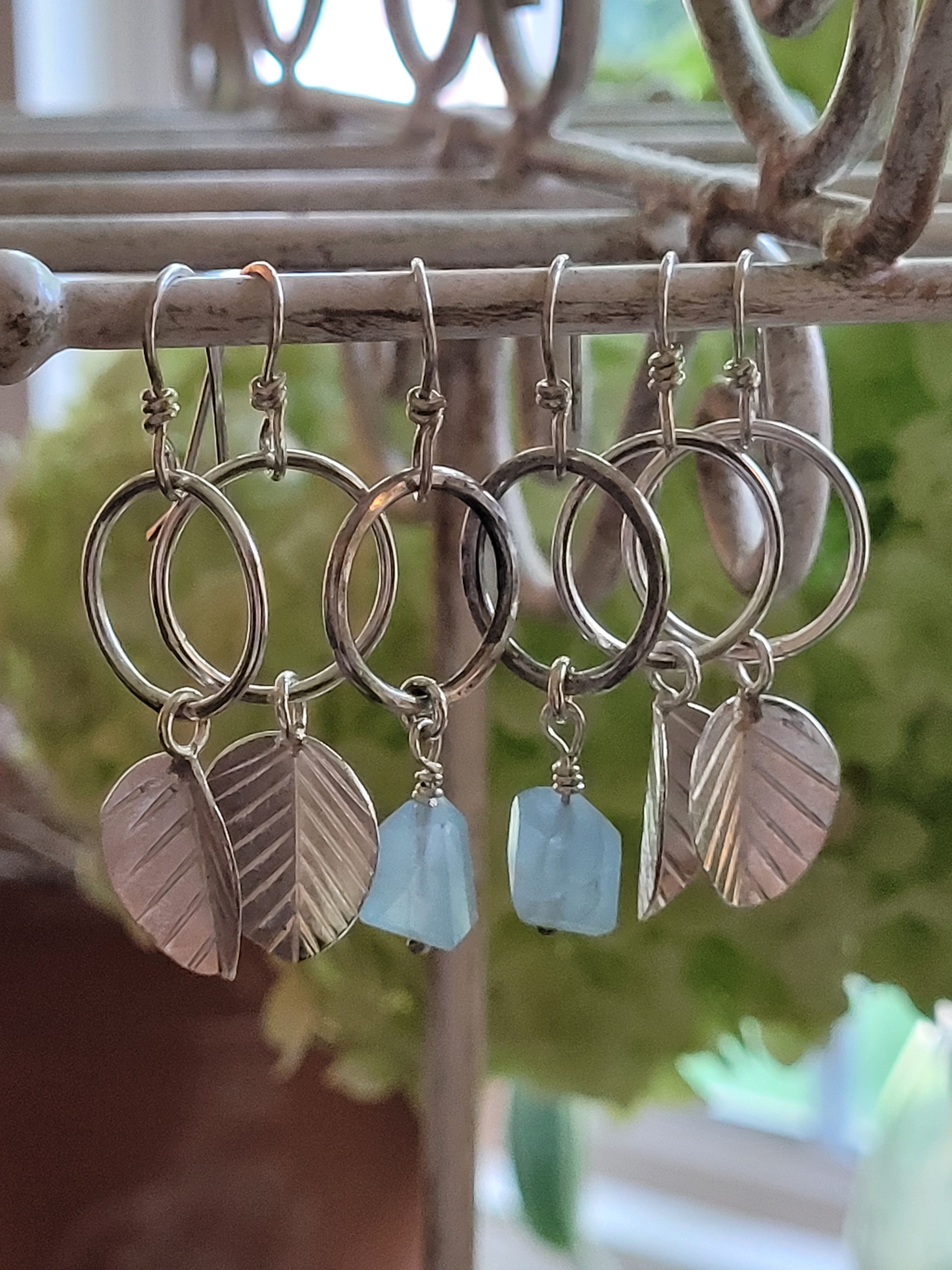 Swinging Hoop Earrings with Leaf or Aquamarine Dangles