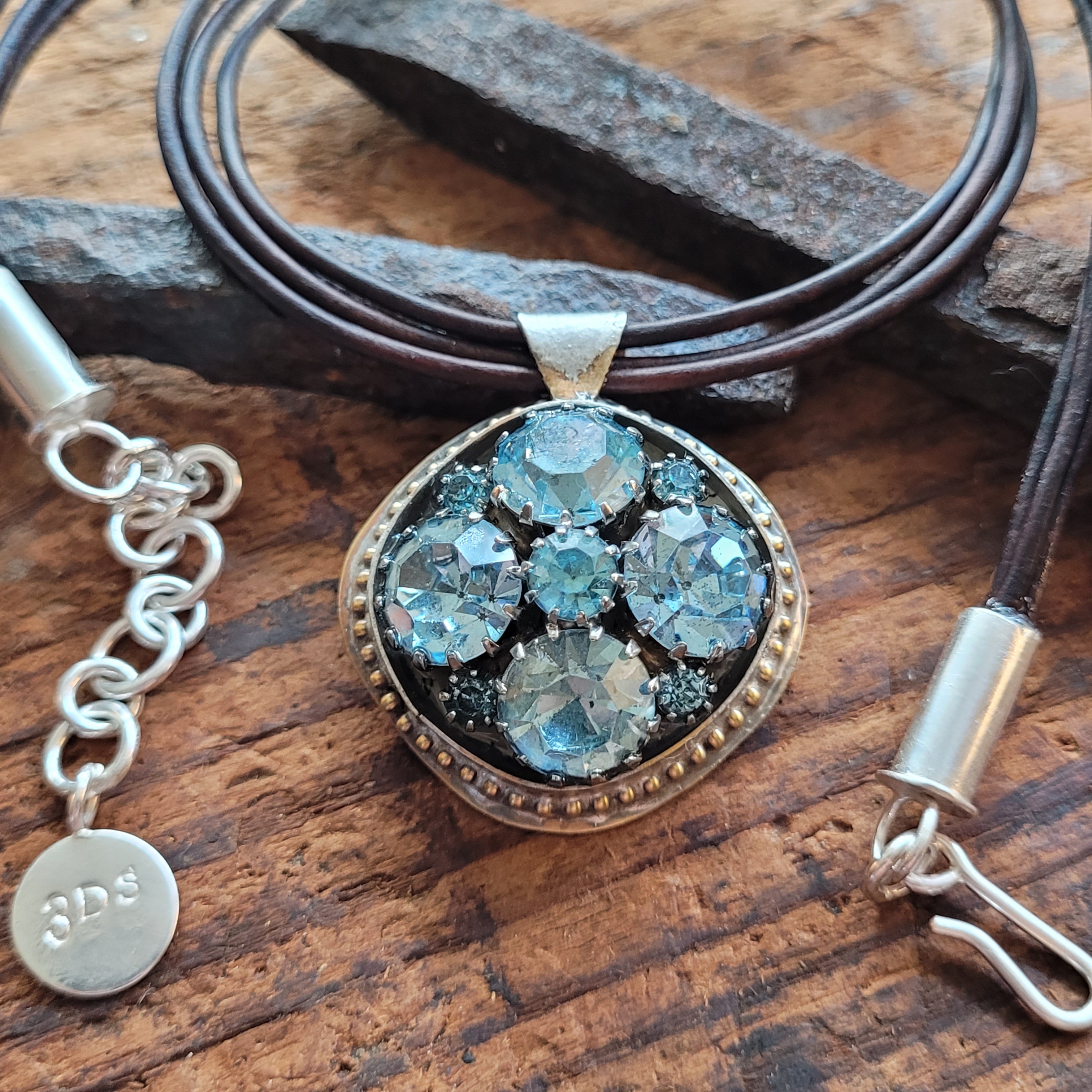 Vintage Market Necklace No. 58 - Blue Vintage Rhinestones and Leather Necklace